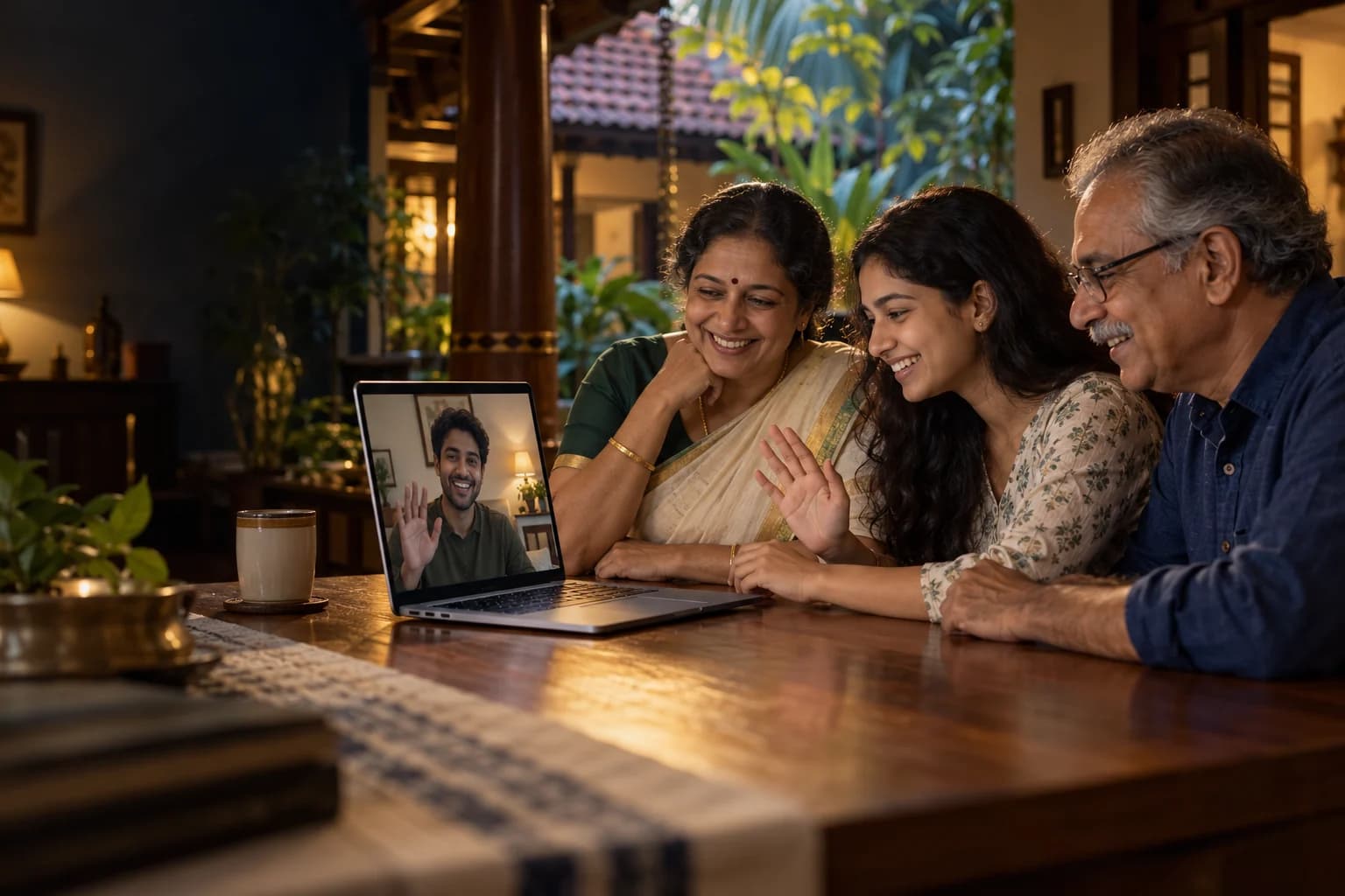 Illustrative Malayali family in Kerala sharing a video call with their son abroad