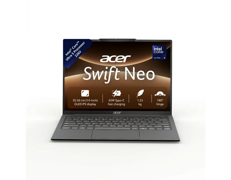 Acer Swift Neo, Intel Core Ultra 5 processor 226V, Windows 11 Home + MS Office, 16 GB RAM, 512 GB SSD, 14.0" (35.56 cm) display, Gray, Fingerprint reader, SFN14-56, 1.25 kg Thin and Light Laptop