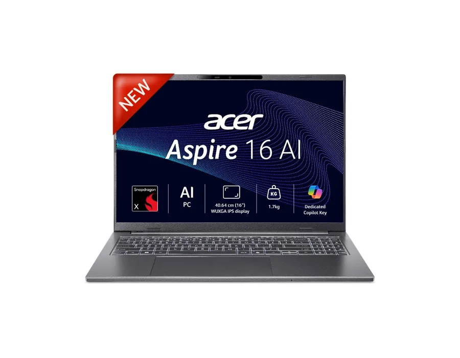 Acer Aspire 16 AI, Qualcomm Snapdragon X X1-26-100 processor, Windows 11 + MS Office, 16.0" (40.64 cm) IPS Display, 16 GB RAM, 512 GB SSD, A16-11M, Steel Gray 1.7 kg , Thin and light laptop