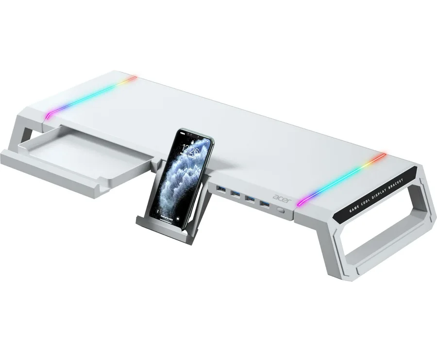 Acer Ergo Multifunction Monitor & Laptop Stand Featuring RGB Lighting and a 4-Port USB Hub with Aluminum Multi Keyboard Storage Space Bar, Suitable for Both Office and Home Environments (White)