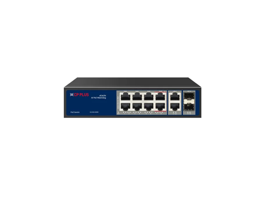 CP Plus CP-ANW-GPU8G2F2-N12 – 8 Port Gigabit Unmanaged PoE Switch with 2 Gigabit Uplinks & 2 SFP Ports